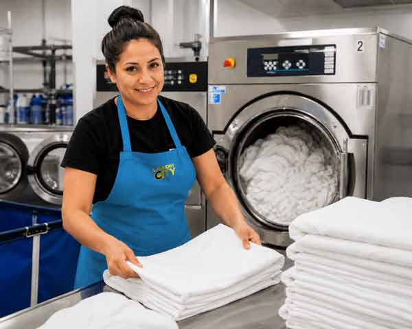Laundry City attendant folding professional laundry service