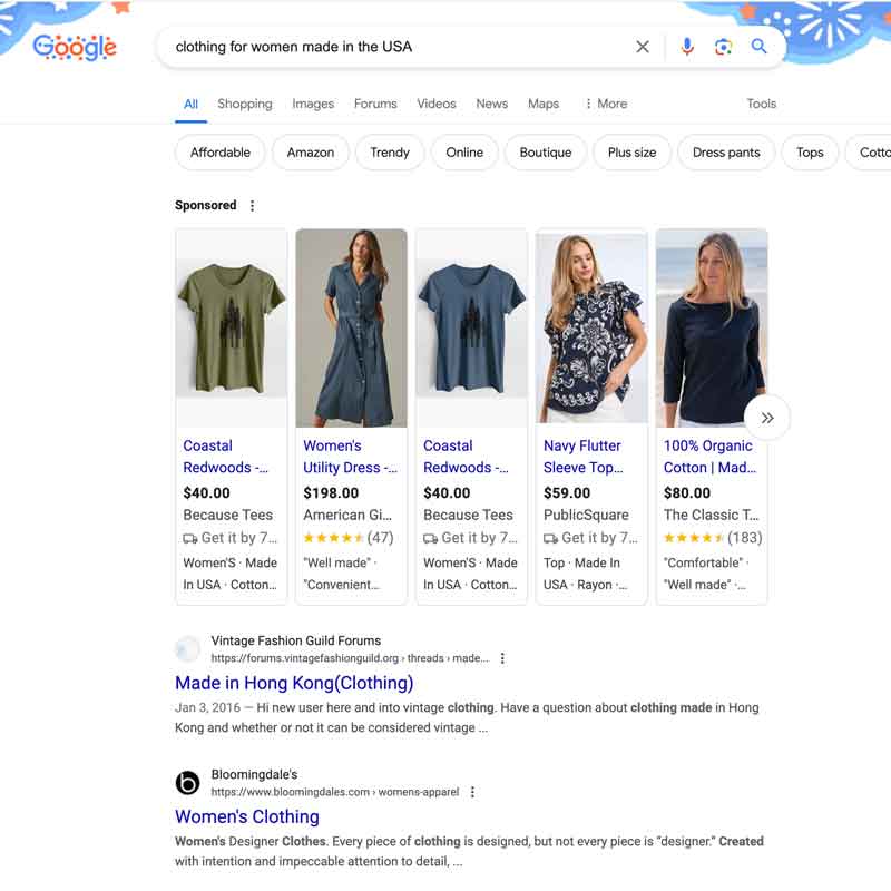 women's clothing made in the USA bad search results