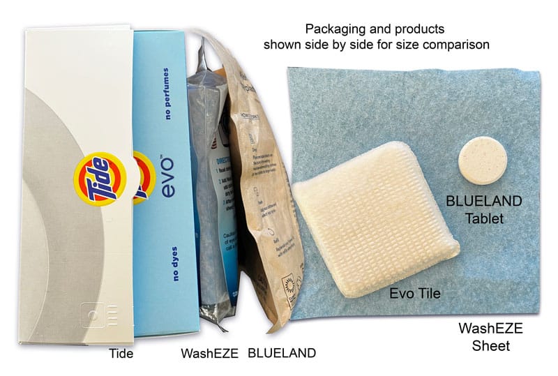 Photo of Tide EVO tile, BLUELAND tablet, and WashEZE Laundry detergent sheets for size comparison