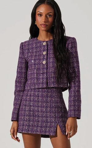 twill blazer and mini skirt winter fashion