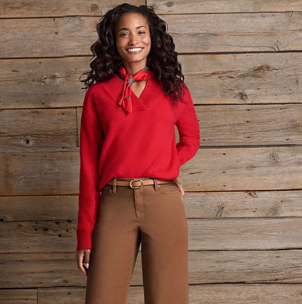 attractive woman in winter fashion 2027 brown and red
