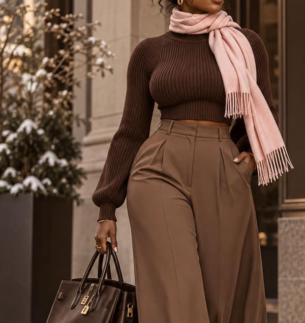 monochrome brown with a pink pop of color.